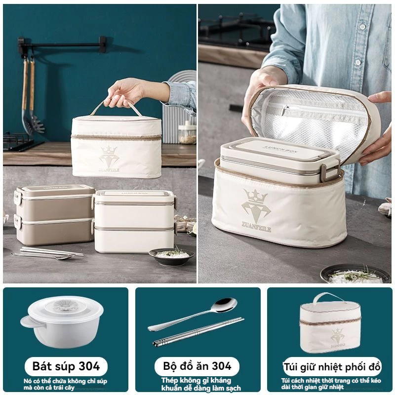 Hộp cơm hình chữ nhật 2 tầng + 2 Bộ dụng cụ&n