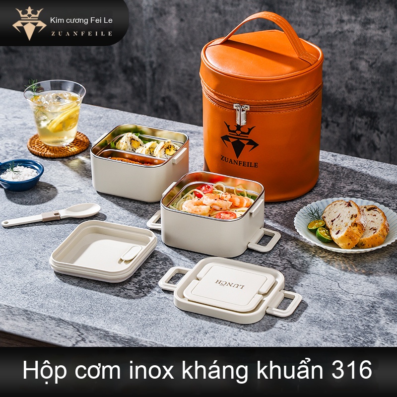 Hộp cơm kiểu vuông 2 Tầng + Bộ dụng cụ ăn nhự